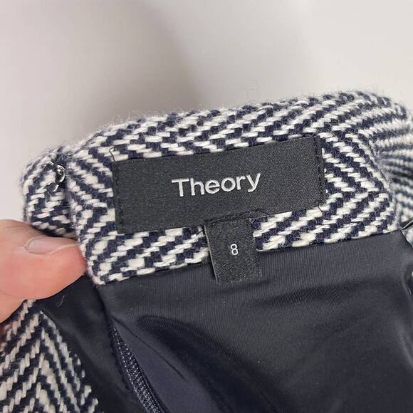 Theory Size 8 Navy Blue White Kerash Chevron Tweed Mini Skirt Linen Cotton Wool - Picture 4 of 7